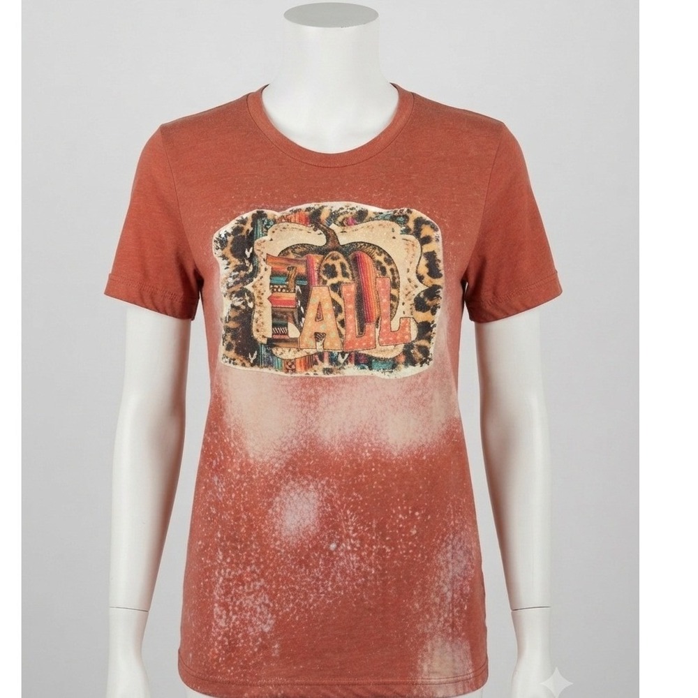 Bella Canvas Fall Pumpkin Leopard Bleached T-Shirt‎ Rust Orange Graphic Tee L